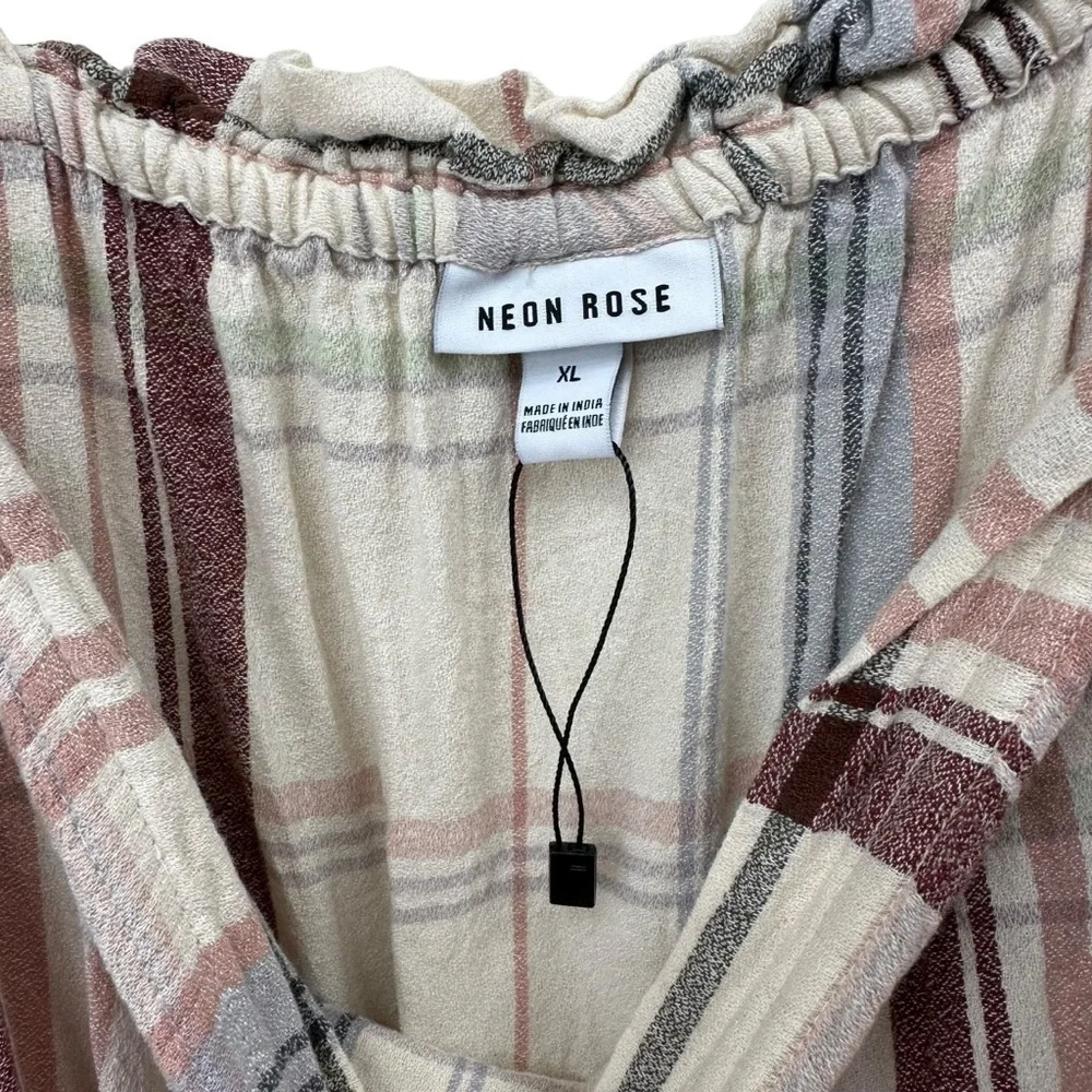 Cottagecore Tiered Smock Dress with Tie Shoulders, Creamy White Plaid, XL